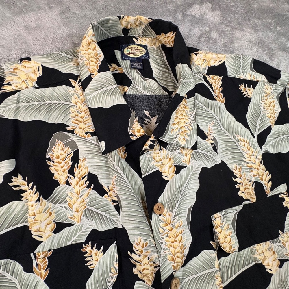 VTG 90s Tommy Bahama Men's XL Black Floral Ginger Leaf Rayon Hawaiian Shirt